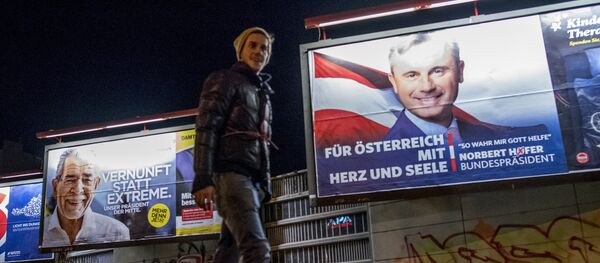 A man walks his dog around a park where Election posters of Austrian Presidential election candidates Norbert Hofer (R),Freedom Party Austria FPOe, and Alexander Van der Bellen (L) are seen in Vienna, Austria on December 3, 2016 A man walks his dog around a park where Election posters of Austrian Presidential election candidates Norbert Hofer (R),Freedom Party Austria FPOe, and Alexander Van der Bellen (L) are seen in Vienna, Austria on December 3, 2016 - Sputnik International