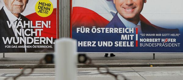 Presidential election campaign posters of Alexander Van der Bellen, who is supported by the Greens, reading Vote! Don't be surprised. and of Norbert Hofer of the FPOe, reading For Austria with heart and soul, are seen in Vienna, Austria, November 24, 2016. Presidential election campaign posters of Alexander Van der Bellen, who is supported by the Greens, reading Vote! Don't be surprised. and of Norbert Hofer of the FPOe, reading For Austria with heart and soul, are seen in Vienna, Austria, November 24, 2016. - Sputnik International