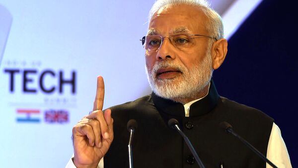 India's Prime Minister Narendra Modi gestures as he speaks at The India-UK Tech Summit in New Delhi on November 7, 2016 - Sputnik International