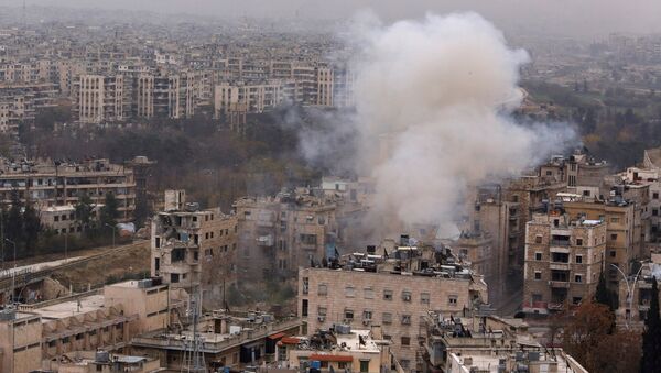 Smoke rises near Bustan al-Qasr crossing point in a government controlled area, during clashes with rebels in Aleppo, Syria December 5, 2016 - Sputnik International