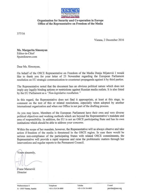 The OSCE letter to Sputnik The OSCE letter to Sputnik - Sputnik International