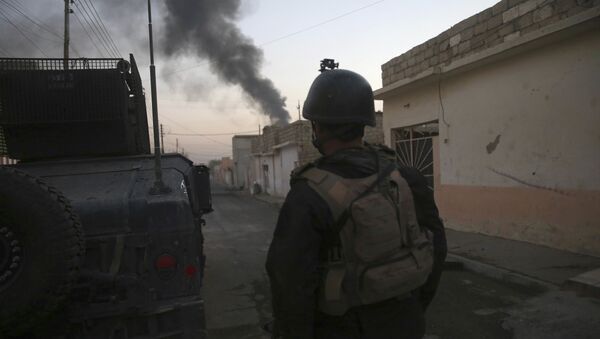 An Iraqi special forces soldier, stands next to a Humvee, as he looks at black smoke rising during a battle against the Islamic State militants, in the Bakr front line neighborhood, in Mosul, Iraq, Saturday, Nov. 26, 2016 - Sputnik International