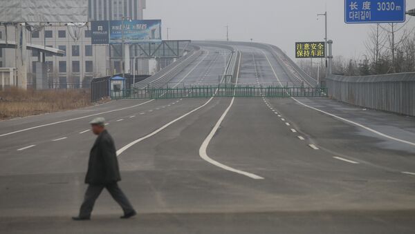 A man walks past the new Yalu Bridge in Dandong. The Chinese side of the bridge is finished, but construction on the Korean side has been halted due to a shortage of funds. - Sputnik International