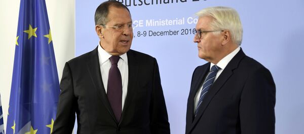 German Foreign Minister Frank-Walter Steinmeier (R) welcomes his Russian counterpart Sergey Lavrov at the 23rd OSCE Ministerial Council organized by Germany's OSCE Chairmanship in Hamburg, Germany December 8, 2016. German Foreign Minister Frank-Walter Steinmeier (R) welcomes his Russian counterpart Sergey Lavrov at the 23rd OSCE Ministerial Council organized by Germany's OSCE Chairmanship in Hamburg, Germany December 8, 2016. - Sputnik International