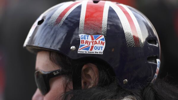 A cyclist wears a pro-Brexit badge on her Union flag themed helmet outside the Supreme Court on the first day of the challenge against a court ruling that Theresa May's government requires parliamentary approval to start the process of leaving the European Union, in Parliament Square, central London, Britain December 5, 2016. - Sputnik International