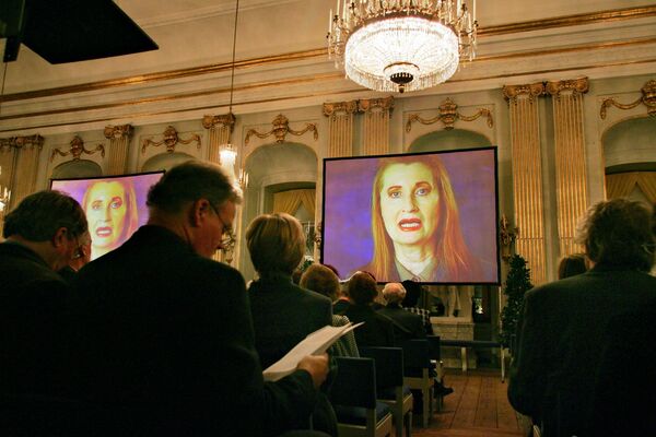 This year's Nobel Prize winner in literature Austrian Elfriede Jelinek (on screen) appears in a videotaped prize lecture at the Swedish Academy in Stockholm 07 December, 2004 This year's Nobel Prize winner in literature Austrian Elfriede Jelinek (on screen) appears in a videotaped prize lecture at the Swedish Academy in Stockholm 07 December, 2004 - Sputnik International