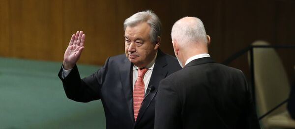 Antonio Guterres (L) is sworn in as UN secretary general during the Oath of office of the Secretary-General December 12, 2016 at the United Nations in New York Antonio Guterres (L) is sworn in as UN secretary general during the Oath of office of the Secretary-General December 12, 2016 at the United Nations in New York - Sputnik International