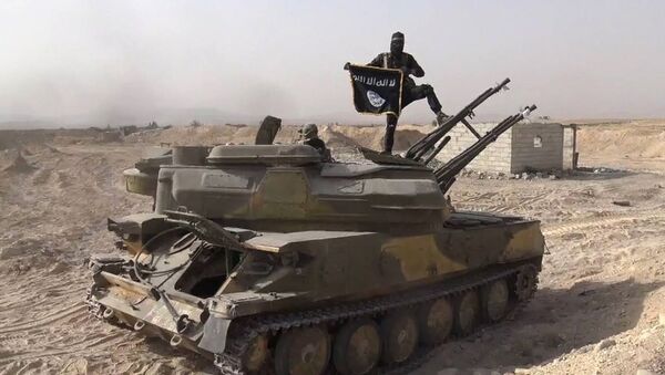 In this file photo released on Aug. 5, 2015, by the Rased News Network a Facebook page affiliated with Islamic State militants, an Islamic State militant holds the group's flag as he stands on a tank they captured from Syrian government forces, in the town of Qaryatain southwest of Palmyra, central Syria - Sputnik International