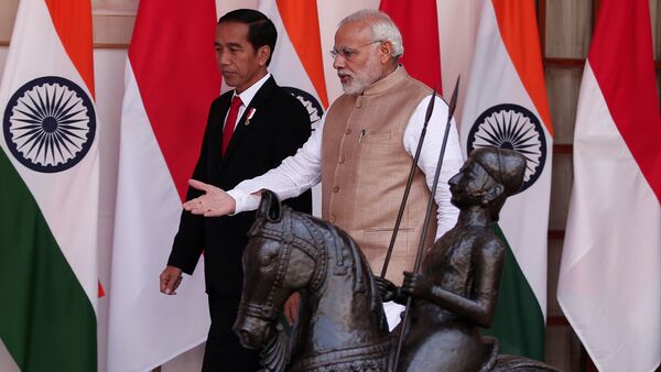 Indonesia's President Joko Widodo (L) and India's Prime Minister Narendra Modi arrive for a photo opportunity ahead of their meeting at Hyderabad House in New Delhi, India December 12, 2016 - Sputnik International