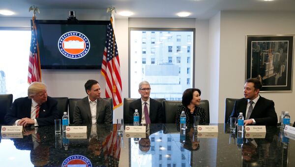 U.S. President-elect Donald Trump sits with PayPal co-founder and Facebook board member Peter Thiel, Apple Inc CEO Tim Cook, Oracle CEO Safra Catz and Tesla Chief Executive Elon Musk during a meeting with technology leaders at Trump Tower in New York U.S., December 14, 2016. - Sputnik International