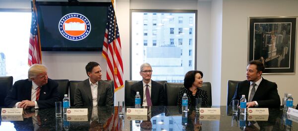 U.S. President-elect Donald Trump sits with PayPal co-founder and Facebook board member Peter Thiel, Apple Inc CEO Tim Cook, Oracle CEO Safra Catz and Tesla Chief Executive Elon Musk during a meeting with technology leaders at Trump Tower in New York U.S., December 14, 2016. - Sputnik International
