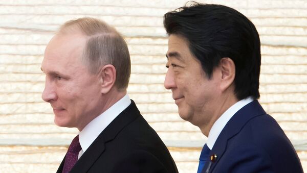 Vladimir Putin, Russia's president, and Shinzo Abe, Japan's prime minister, arrive for a working lunch at the prime minister's official residence in Tokyo, Japan, on Friday, Dec. 16, 2016. - Sputnik International