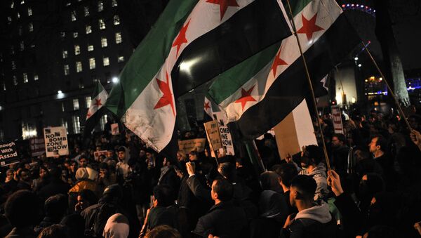 Protesters wave flags during a demonstration in solidarity with the inhabitants of the embattled Syrian city of Aleppo, outside the entrance to Downing Street, in central London on December 13, 2016. - Sputnik International