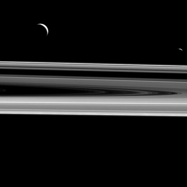 Janus and Enceladus over Saturn's rings - Sputnik International