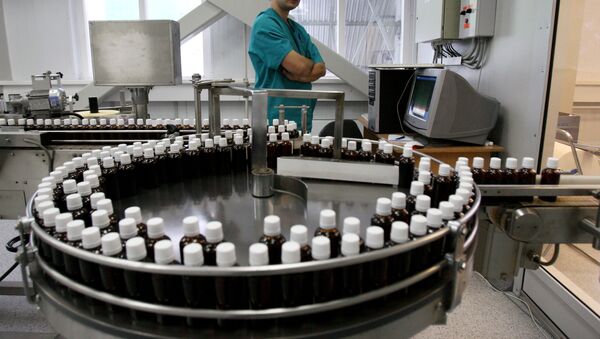 The liquid preparations filling and packing line at the plant of pharmaceutical company. File photo - Sputnik International