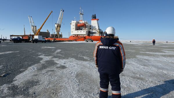 A worker watches a ship being unloaded at Sabetta seaport in the Yamal-Nenets Autonomous Area. (File) - Sputnik International