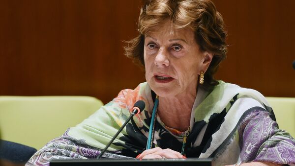 Neelie Kroes, Vice-President of the European Commission responsible for the Digital Agenda for Europe, speaks at a high level meeting on “Contributions of North-South, South-South, Triangular Cooperation, and ICT for Development to the Implementation of the Post-2015 Development Agenda” May 21, 2014 at United Nations headquarters in New York - Sputnik International