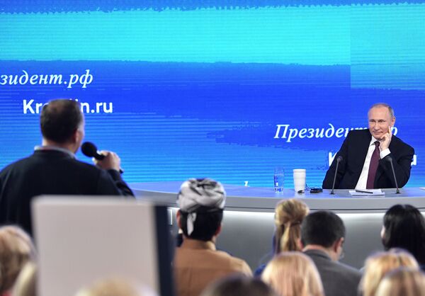 President Vladimir Putin during his twelfth annual news conference at Moscow's World Trade Center in Krasnaya Presnya President Vladimir Putin during his twelfth annual news conference at Moscow's World Trade Center in Krasnaya Presnya - Sputnik International
