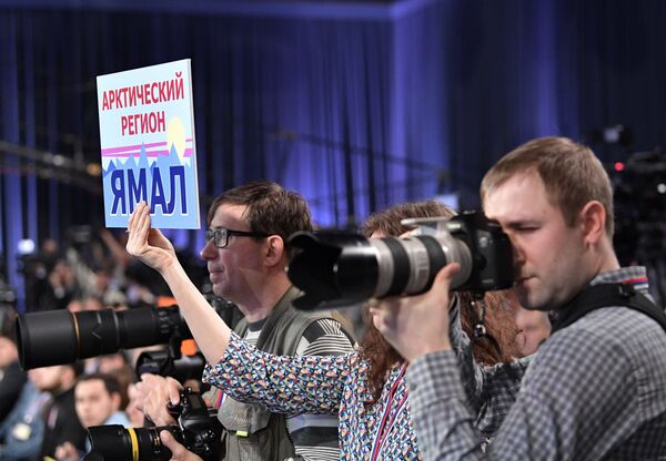Reporters during President Vladimir Putin's twelfth annual news conference at Moscow's World Trade Center in Krasnaya Presnya Reporters during President Vladimir Putin's twelfth annual news conference at Moscow's World Trade Center in Krasnaya Presnya - Sputnik International