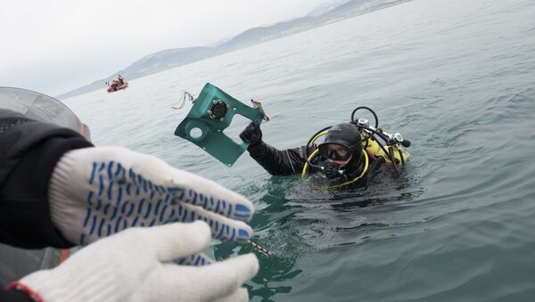A Russian Emergency Ministry diver lifts a fragment of a plane in the Black Sea, outside Sochi, Russia, Tuesday, Dec. 27, 2016 - Sputnik International
