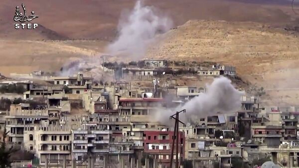 This frame grab from video provided By Step News Agency, a Syrian opposition media outlet that is consistent with independent AP reporting, shows smoke rise from the alleged government forces shelling on Wadi Barada, northwest of Damascus, Syria - Sputnik International