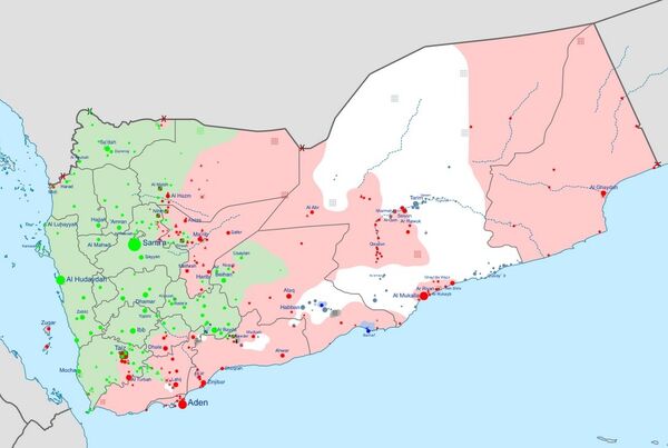 Insurgency in Yemen according to published reports. Green indicates areas controlled by the Houthis, Red by the Hadi government and allies, White by al-Qaeda in the Arabian Peninsula, and Black by Daesh. Insurgency in Yemen according to published reports. Green indicates areas controlled by the Houthis, Red by the Hadi government and allies, White by al-Qaeda in the Arabian Peninsula, and Black by Daesh. - Sputnik International