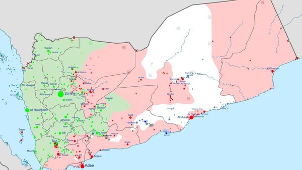 Insurgency in Yemen according to published reports. Green indicates areas controlled by the Houthis, Red by the Hadi government and allies, White by al-Qaeda in the Arabian Peninsula, and Black by Daesh. - Sputnik International
