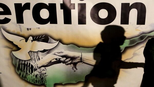 A shadow of a bo.y is seen on a banner showing the Cyprus island with two hands and a pigeon during a peace rally to support the peace talks inside the UN buffer zone Green Line, in the divided capital Nicosia in the eastern Mediterranean island of Cyprus. - Sputnik International
