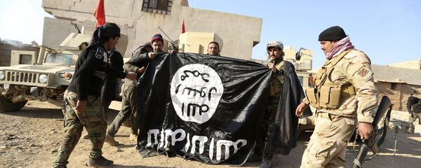 Iraqi Army soldiers celebrate as they hold a flag of the Islamic State group they captured during a military operation to regain control of a village outside Mosul, Iraq (File) - Sputnik International