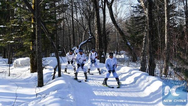 Policemen ski to patrol in the forest of Changbai Mountains in Yanbian Korean Autonomous Prefecture, northeast China's Jilin Province, Jan. 6, 2017. - Sputnik International