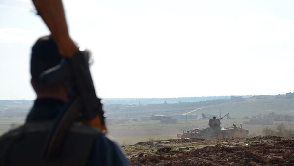 Fighters from the Free Syrian Army monitor the area during battles against Islamic State (IS) group jihadists near the town of Qabasin, located northeast of the city of Al-Bab - Sputnik International