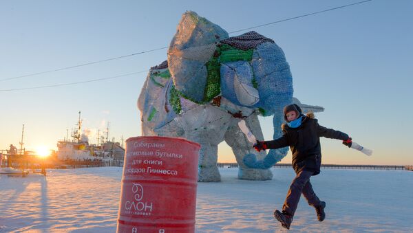 An elephant made of plastic bottles on Arkhangelsk's Krasnaya Wharf. - Sputnik International