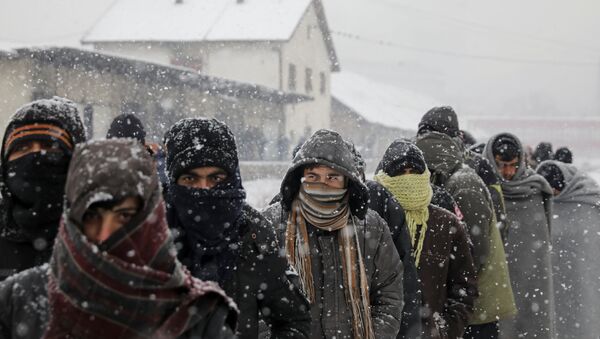 Migrants wait in line to receive free food during a snowfall outside a derelict customs warehouse in Belgrade, Serbia January 9, 2017 - Sputnik International