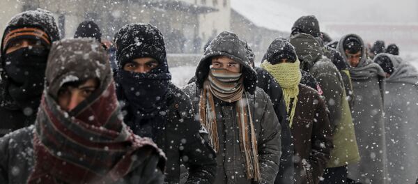 Migrants wait in line to receive free food during a snowfall outside a derelict customs warehouse in Belgrade, Serbia January 9, 2017 Migrants wait in line to receive free food during a snowfall outside a derelict customs warehouse in Belgrade, Serbia January 9, 2017 - Sputnik International