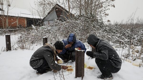 Migrants eat free food during a snowfall outside a derelict customs warehouse in Belgrade, Serbia January 9, 2017 - Sputnik International