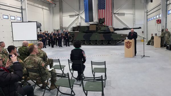 U.S. Ambassador to Estonia James D. Melville Jr. addresses dignitaries in front of an U.S. Army tank, at a hand-over ceremony of the upgraded NATO military base in Tapa, Estonia, Thursday, Dec. 15, 2016 - Sputnik International