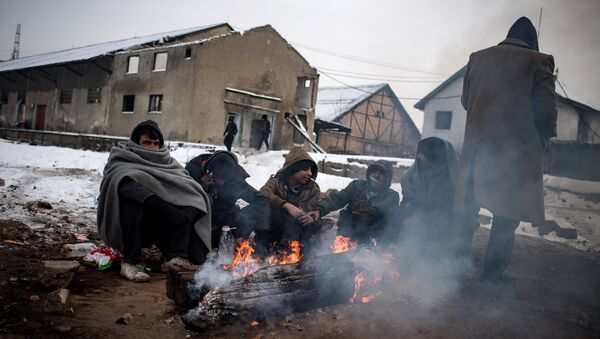 Migrants warm up around a fire at a makeshift shelter at an abandoned warehouse in Belgrade on January 10, 2017, as temperatures dropped to -15 degrees Celsius overnight - Sputnik International