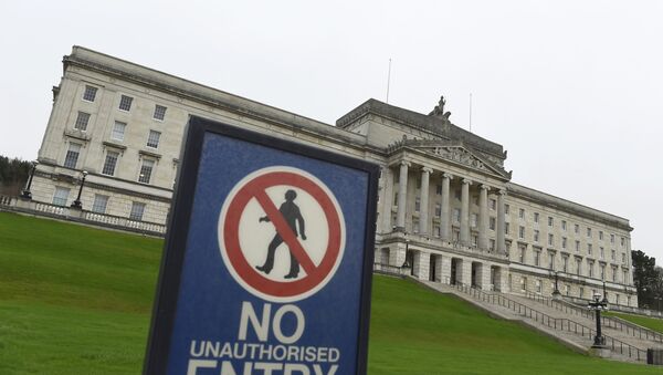 The Parliament Buildings at Stormont are seen behind a no entry sign, a day after deputy first minister Martin McGuinness resigned, throwing the devolved joint administration into crisis, in Belfast Northern Ireland, January 10, 2017.  - Sputnik International