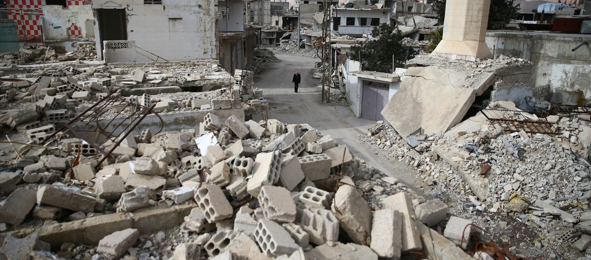 A man walks past damaged buildings in the rebel held besieged city of Douma, in the eastern Damascus suburb of Ghouta, Syria January 8, 2017 - Sputnik International, 1920, 03.02.2021
