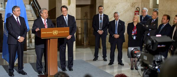 United Nations Secretary General Antonio Guterres speaks with Greek Cypriot President Nicos Anastasiades and Turkish Cypriot leader Mustafa Akinci, at a news conference after the Conference on Cyprus Peace Talks, at the European headquarters of the United Nations in Geneva, Switzerland, January 12, 2017 United Nations Secretary General Antonio Guterres speaks with Greek Cypriot President Nicos Anastasiades and Turkish Cypriot leader Mustafa Akinci, at a news conference after the Conference on Cyprus Peace Talks, at the European headquarters of the United Nations in Geneva, Switzerland, January 12, 2017 - Sputnik International