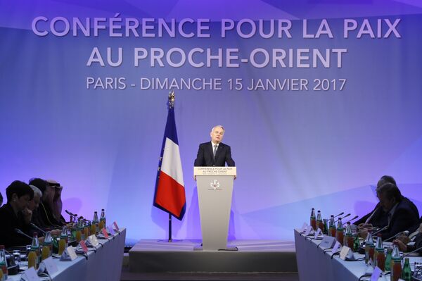 French Minister of Foreign Affairs Jean-Marc Ayrault addresses delegates at the opening of the Mideast peace conference in Paris on January 15, 2017. French Minister of Foreign Affairs Jean-Marc Ayrault addresses delegates at the opening of the Mideast peace conference in Paris on January 15, 2017. - Sputnik International