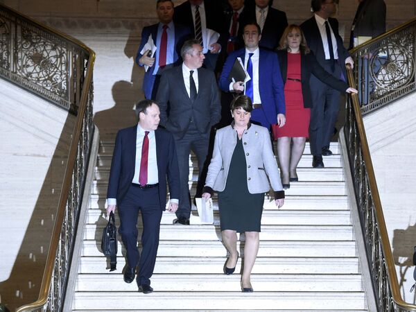 Northern Ireland First Minister and leader of the Democratic Unionist Party Arlene Foster arrives to make a statement at Parliament Buildings in Stormont in Belfast, Northern Ireland, January 16, 2017. Northern Ireland First Minister and leader of the Democratic Unionist Party Arlene Foster arrives to make a statement at Parliament Buildings in Stormont in Belfast, Northern Ireland, January 16, 2017. - Sputnik International