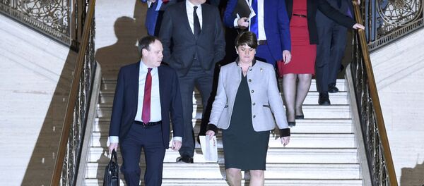 Northern Ireland First Minister and leader of the Democratic Unionist Party Arlene Foster arrives to make a statement at Parliament Buildings in Stormont in Belfast, Northern Ireland, January 16, 2017. Northern Ireland First Minister and leader of the Democratic Unionist Party Arlene Foster arrives to make a statement at Parliament Buildings in Stormont in Belfast, Northern Ireland, January 16, 2017. - Sputnik International