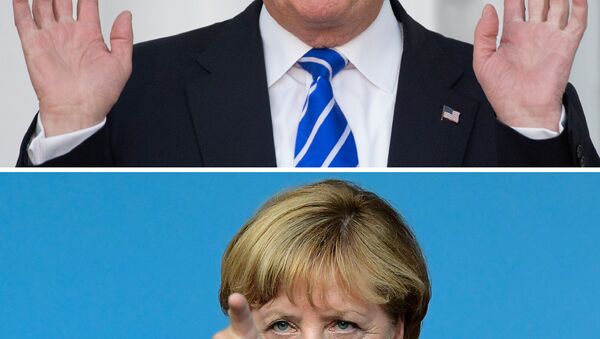 This combination of file photos created on January 16, 2017 shows US President-elect Donald Trump (top, November 19, 2016 in Bedminster, New Jersey) and German Chancellor Angela Merkel (September 14, 2016 in Berlin). - Sputnik International