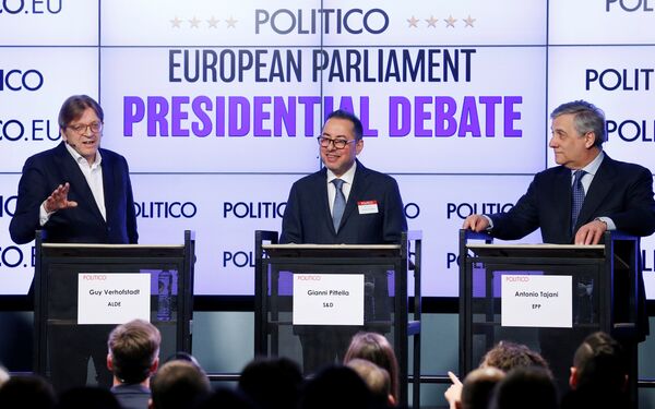 European Parliament's presidential candidates (L-R) Guy Verhofstadt, Gianni Pittella and Antonio Tajani attend a debate organized by the political news organization POLITICO in Brussels, Belgium January 11, 2017. European Parliament's presidential candidates (L-R) Guy Verhofstadt, Gianni Pittella and Antonio Tajani attend a debate organized by the political news organization POLITICO in Brussels, Belgium January 11, 2017. - Sputnik International