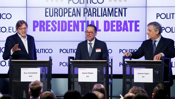 European Parliament's presidential candidates (L-R) Guy Verhofstadt, Gianni Pittella and Antonio Tajani attend a debate organized by the political news organization POLITICO in Brussels, Belgium January 11, 2017. - Sputnik International