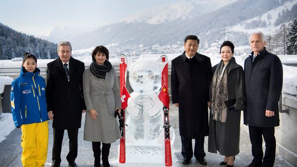(L-R) Shuyao Song, Chinese skiing teacher in the ski resort of Davos, Doris Leuthard's husband Roland Hausin, Swiss Federal President Doris Leuthard, Chinese President Xi Jinping, Xi's wife Peng Liyuan, Tarzisius Caviezel, Mayor of Davos  stand near a panda ice sculpture as they launch the Swiss-Sino year of tourism on the side line of the 47th annual meeting of the World Economic Forum (WEF) in Davos, Switzerland, January 17, 2017 - Sputnik International