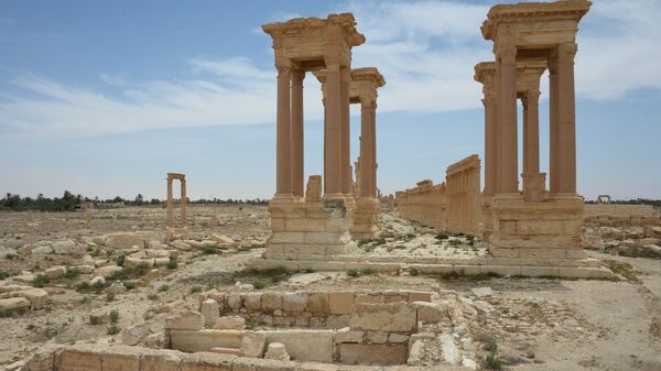 The colonnade avenue and Tetrapylon in the historical part of Palmyra (the view from the Valley of Tombs) - Sputnik International
