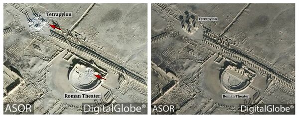 This combination of satellite images released by the American Schools of Oriental Research (ASOR) on Friday, Jan. 20, 2017 as captured by DigitalGlobe shows the Roman theater at the UNESCO World Heritage Site of Palmyra, Syria on Jan. 10, 2017 with new damages indicated in red, left, and the site on Dec. 26, 2016, right This combination of satellite images released by the American Schools of Oriental Research (ASOR) on Friday, Jan. 20, 2017 as captured by DigitalGlobe shows the Roman theater at the UNESCO World Heritage Site of Palmyra, Syria on Jan. 10, 2017 with new damages indicated in red, left, and the site on Dec. 26, 2016, right - Sputnik International