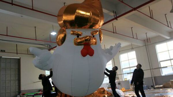 Two workers erect a Trump rooster - Sputnik International